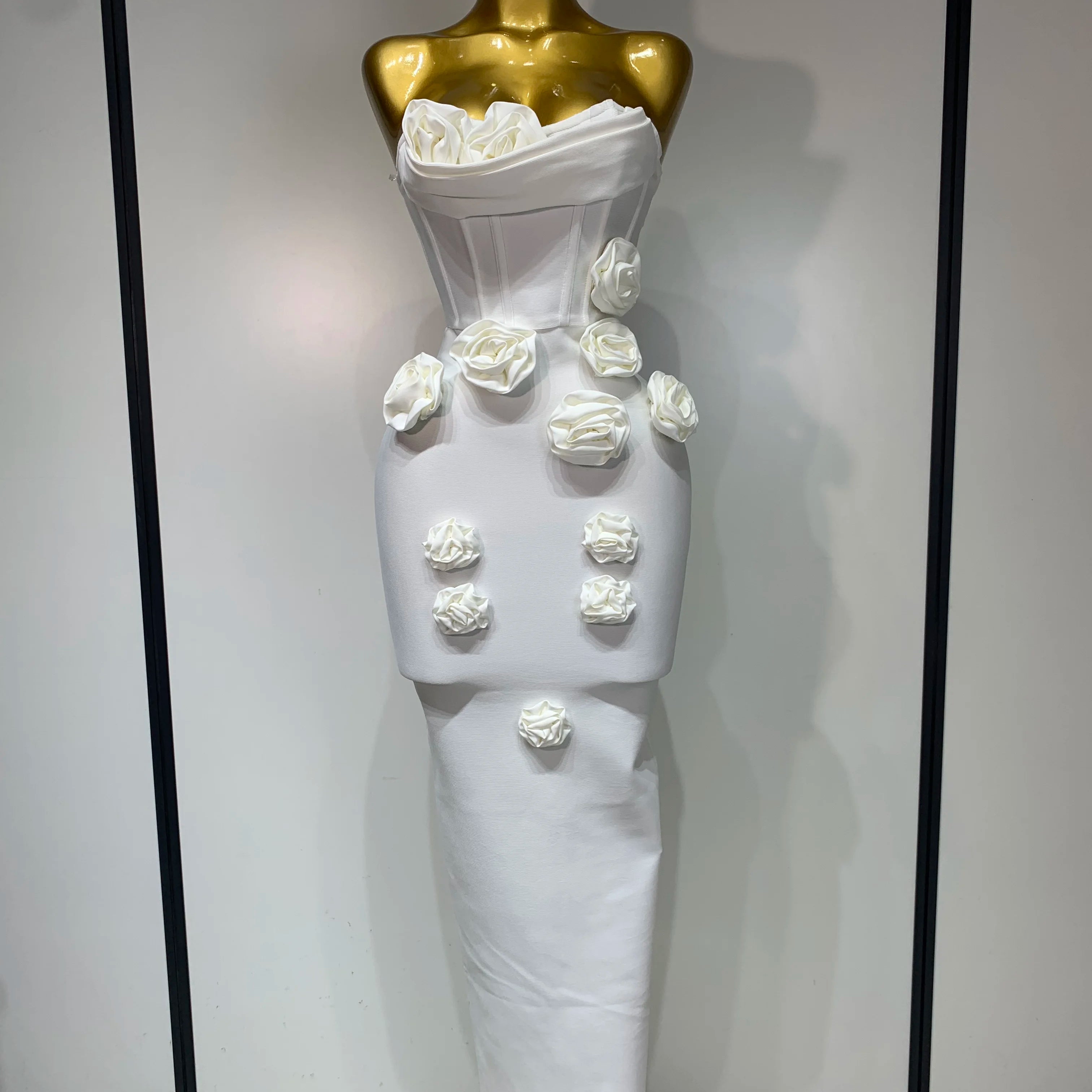 Women Celebrity Sexy Strapless Backless Flower Maxi Long Bodycon Bandage Dress 2025 Elegant Birthday Evening Club Party Dresses WHITE