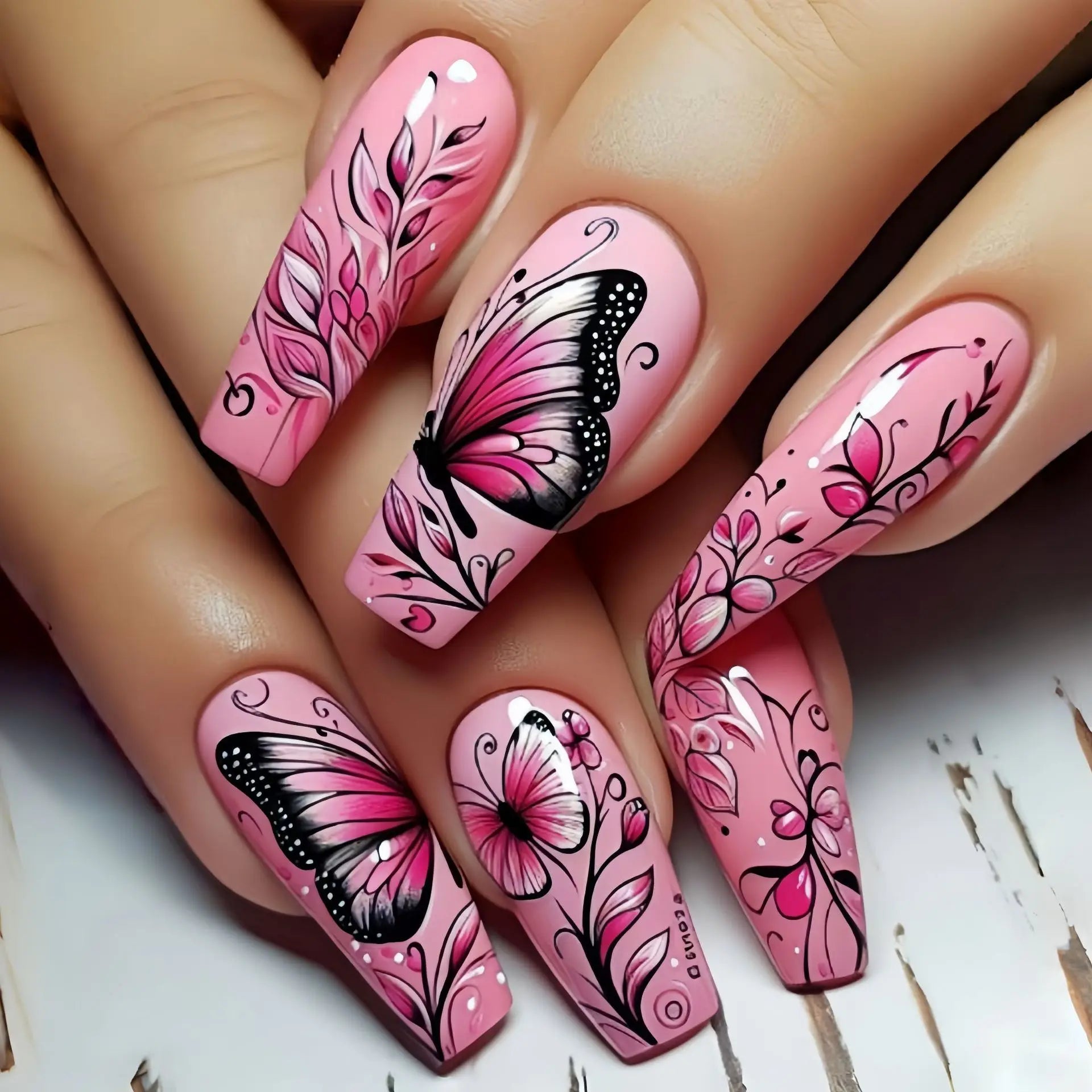 24pcs/set Medium long fake nails Gradient blue ocean fish sun flowers butterfly square ballet summer tips press on false nail 2358