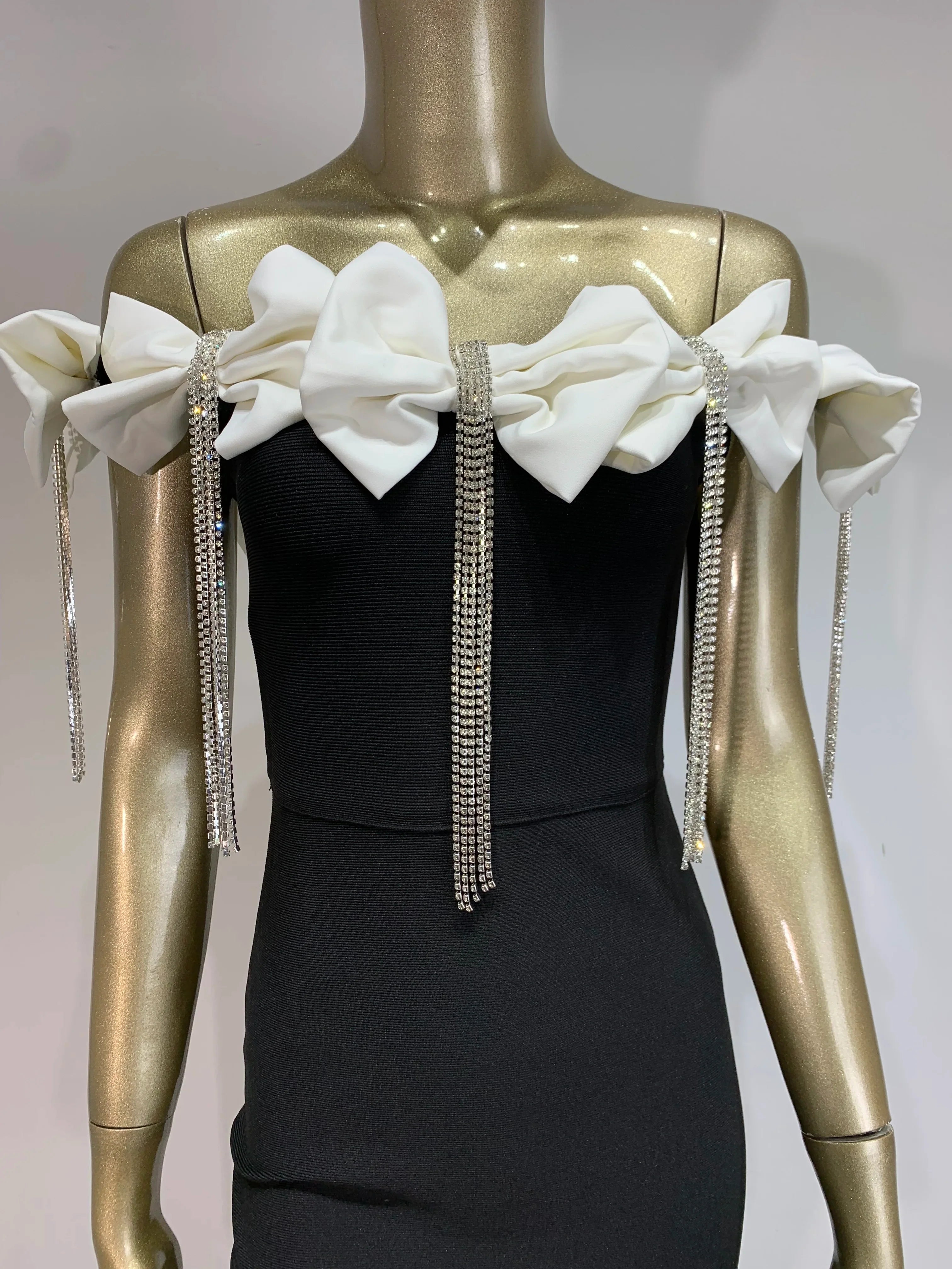 Women Celebrity Sexy Off Shoulder Flower Diamonds Black Bow Tie Maxi Long XL Bandage Dress Elegant Evening Club Party Dress