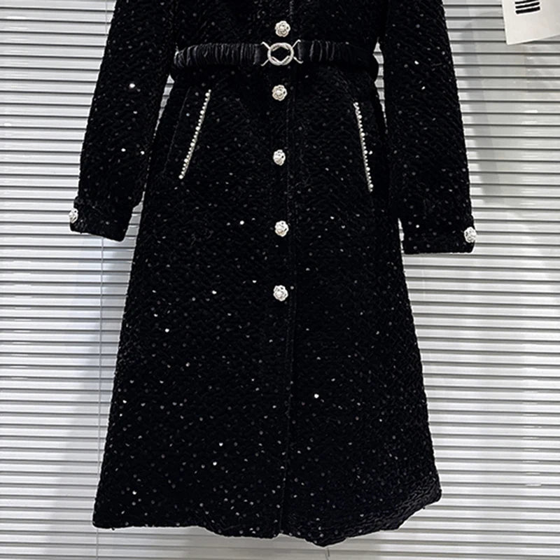 Winter New Elegant Temperament Pearl Edge Shawl With Belt Cotton Lined Trench Coat For Women Windbreaker 11A07739