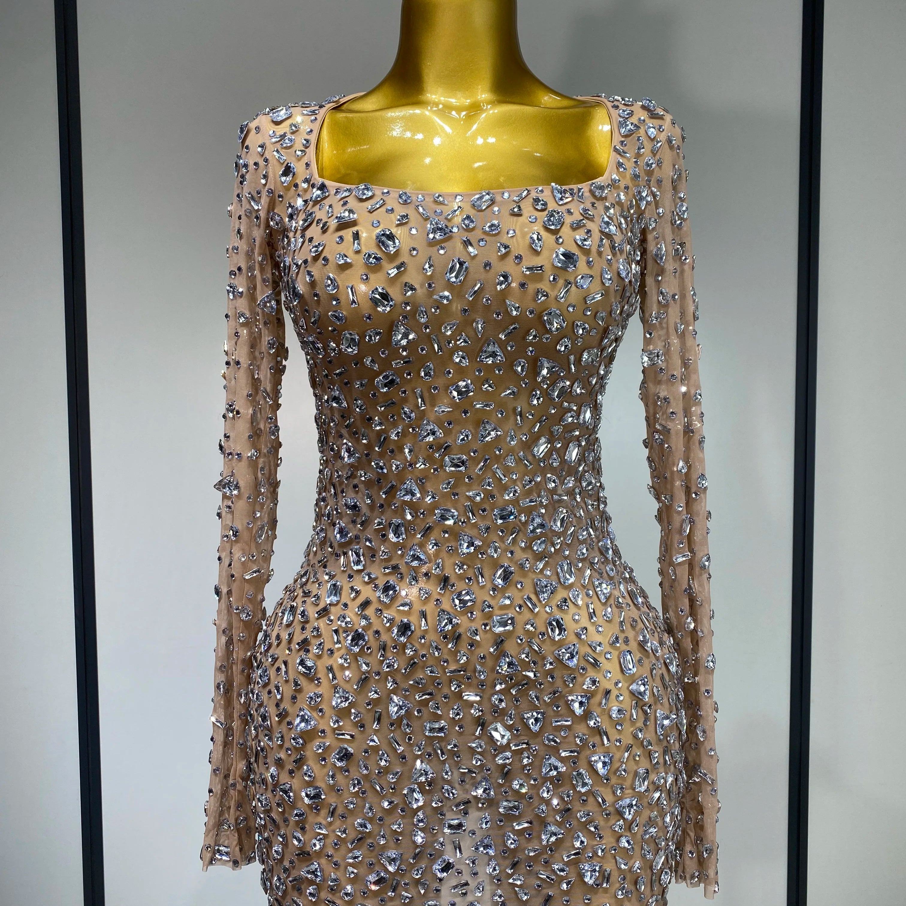 Sparkly Rhinestone Sexy Transparent Mini Dress Celebrity Evening Party Prom Birthday Photo Shoot Nightclub Stage Costume Khaki