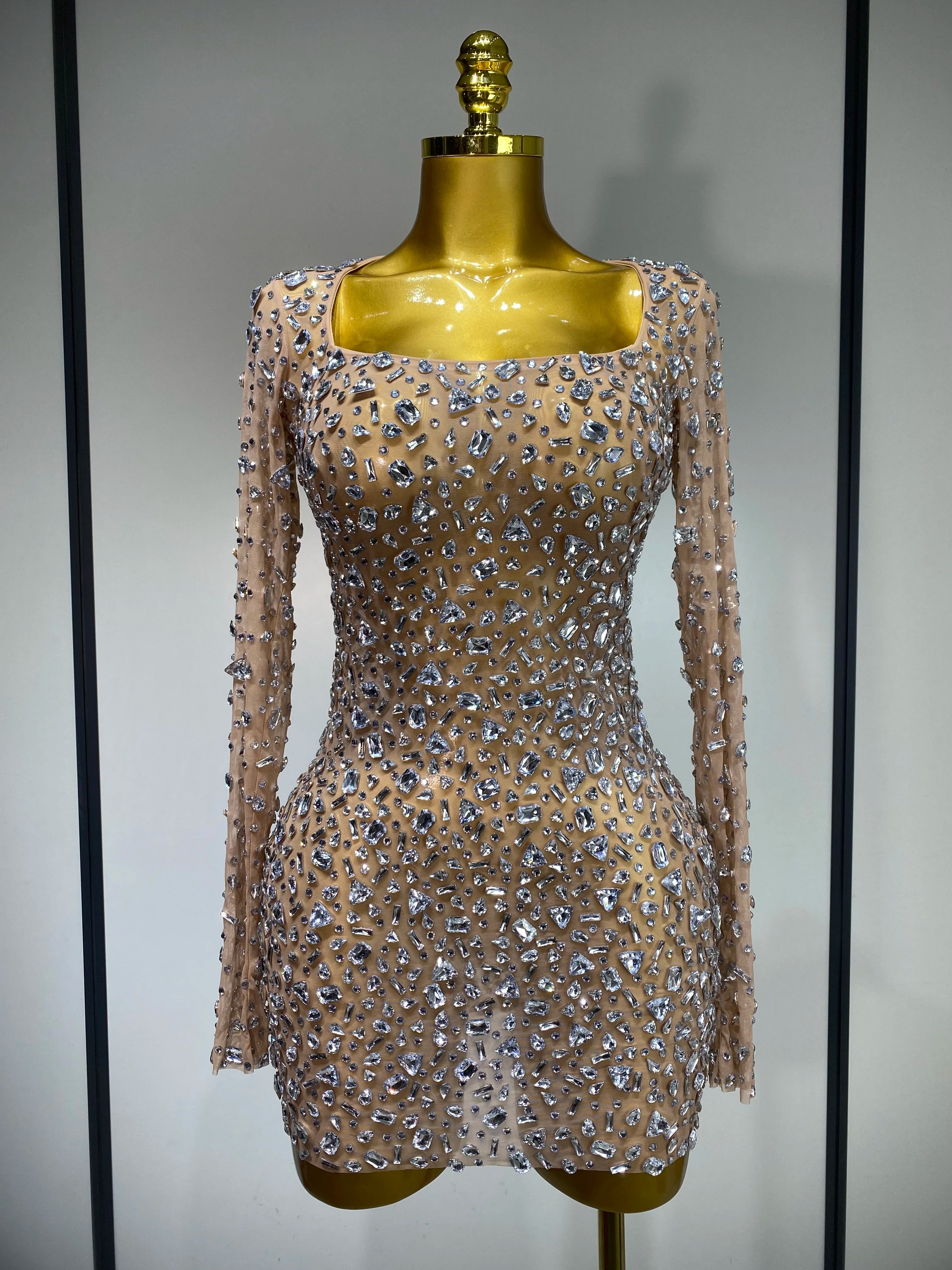 Sparkly Rhinestone Sexy Transparent Mini Dress Celebrity Evening Party Prom Birthday Photo Shoot Nightclub Stage Costume Khaki