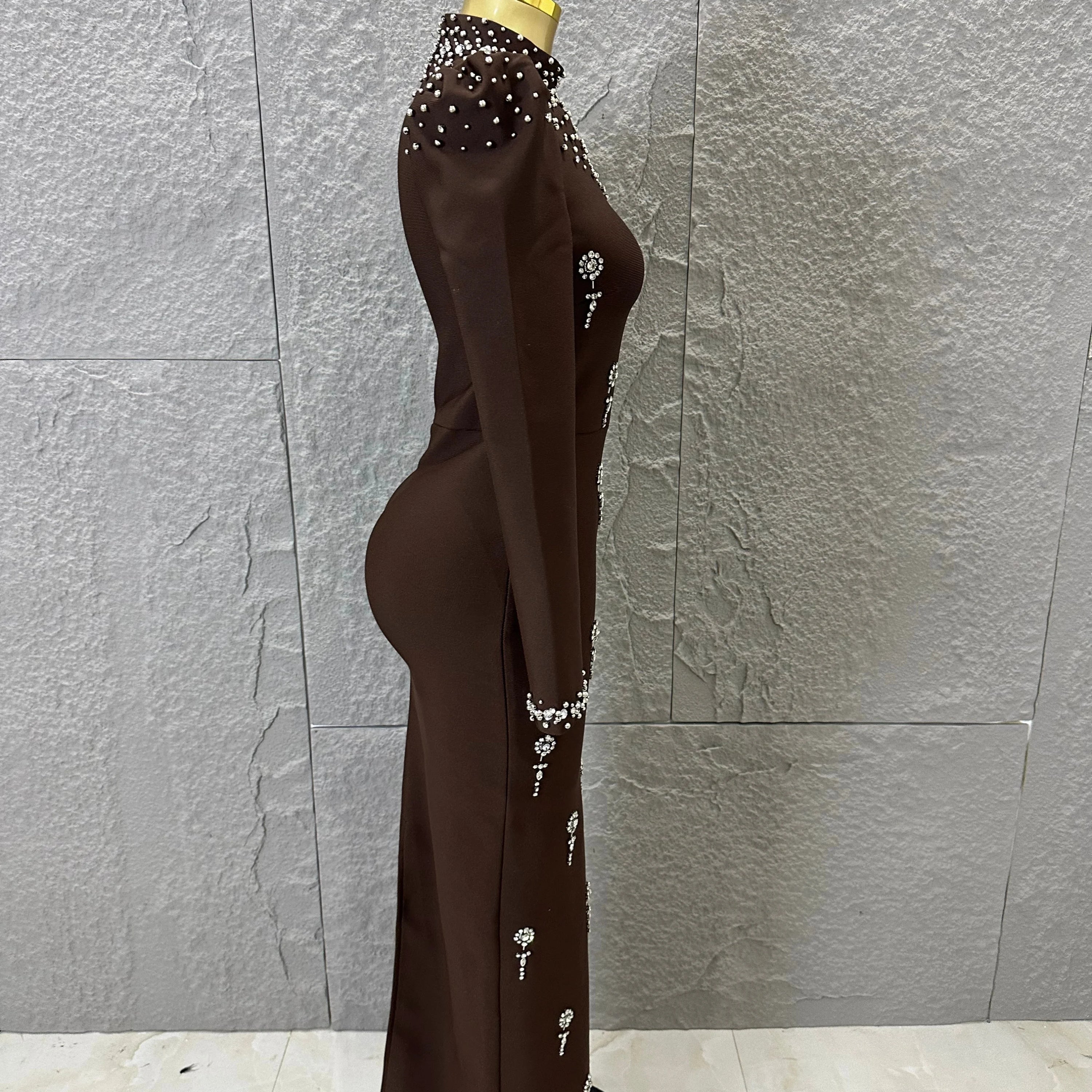 Sophisticated Brown High Neck Maxi Dress Women Sexy Long Sleeve Crystal Pearl Embellished Bodycon Outfit Cocktail Party Costume