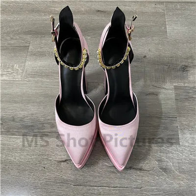 Luxury Women High Heel Shoes Platform Sandals Pointed Toe Woman Silk Pumps Sexy Rhinestone Buckle Chunky Heel Wedding Shoes 2024 pink