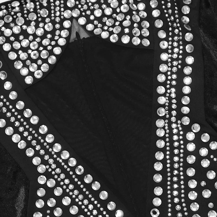 Luxury Diamonds Rhinestones Mesh Velvet See Though Strap Bodycon Dresses Women‘s Sexy Night Club Birthday Party Vestidos Female