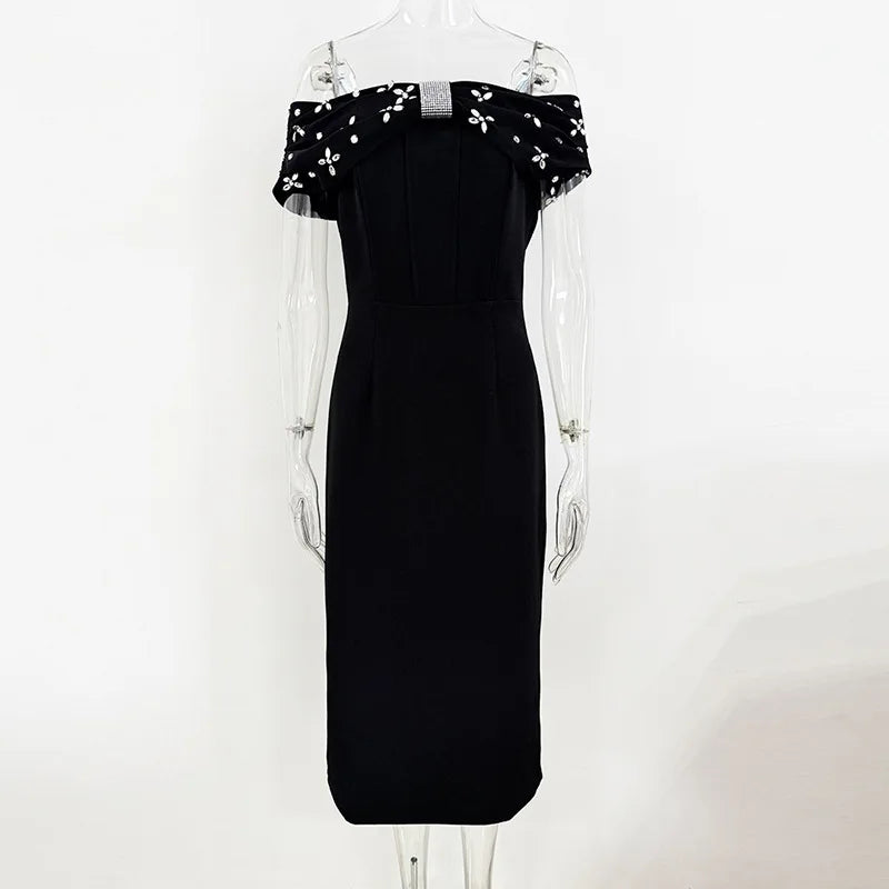 Solid Slimming Spliced Bead Elegant Dresses for Women Slash Neck Short Sleeves Temperament Dress Female Fashion New