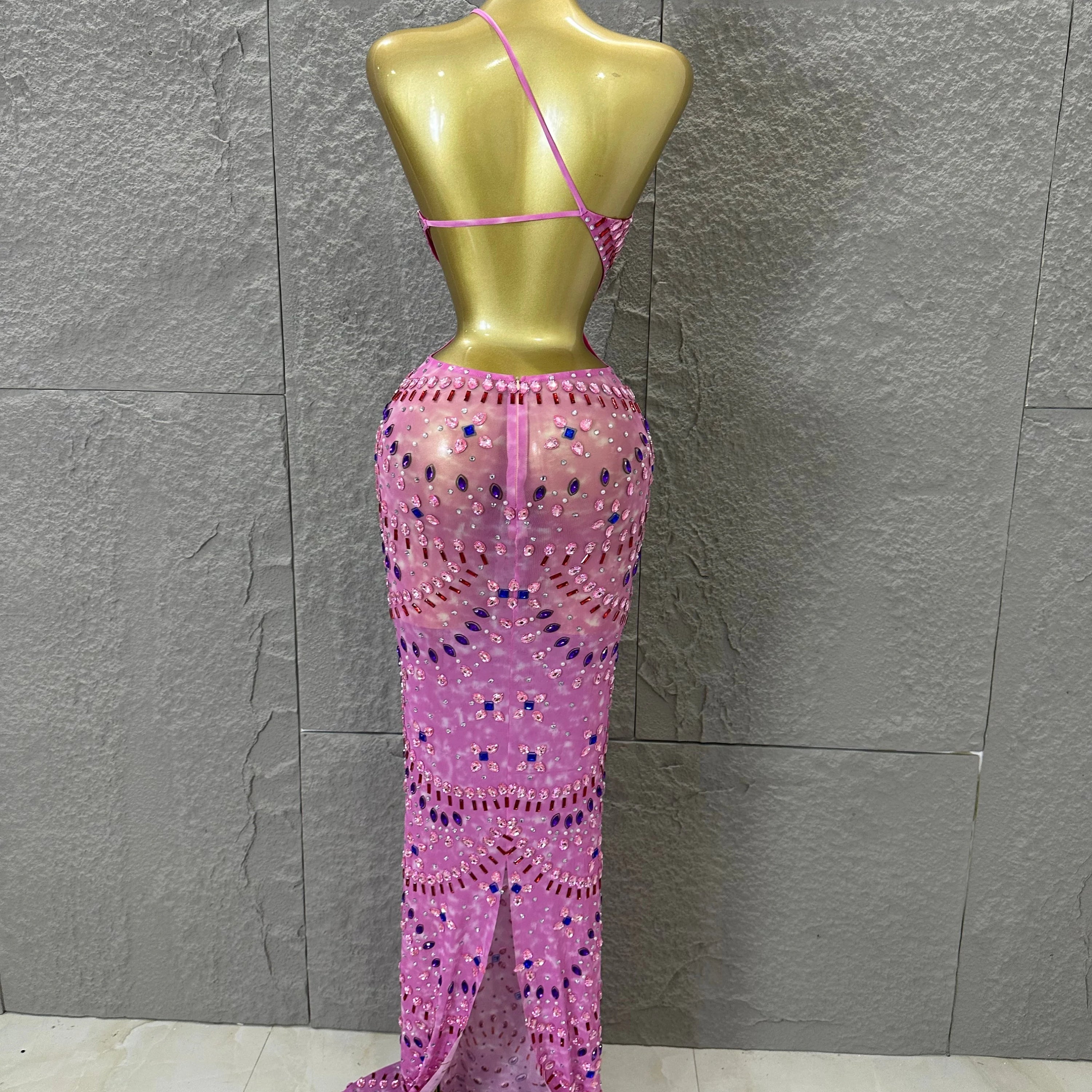 Women Sexy Cutout Full Crystal Embellished Bodycon Mermaid Outfit Sheer Mesh Maxi Dress Stage Performance Evening Party Costume