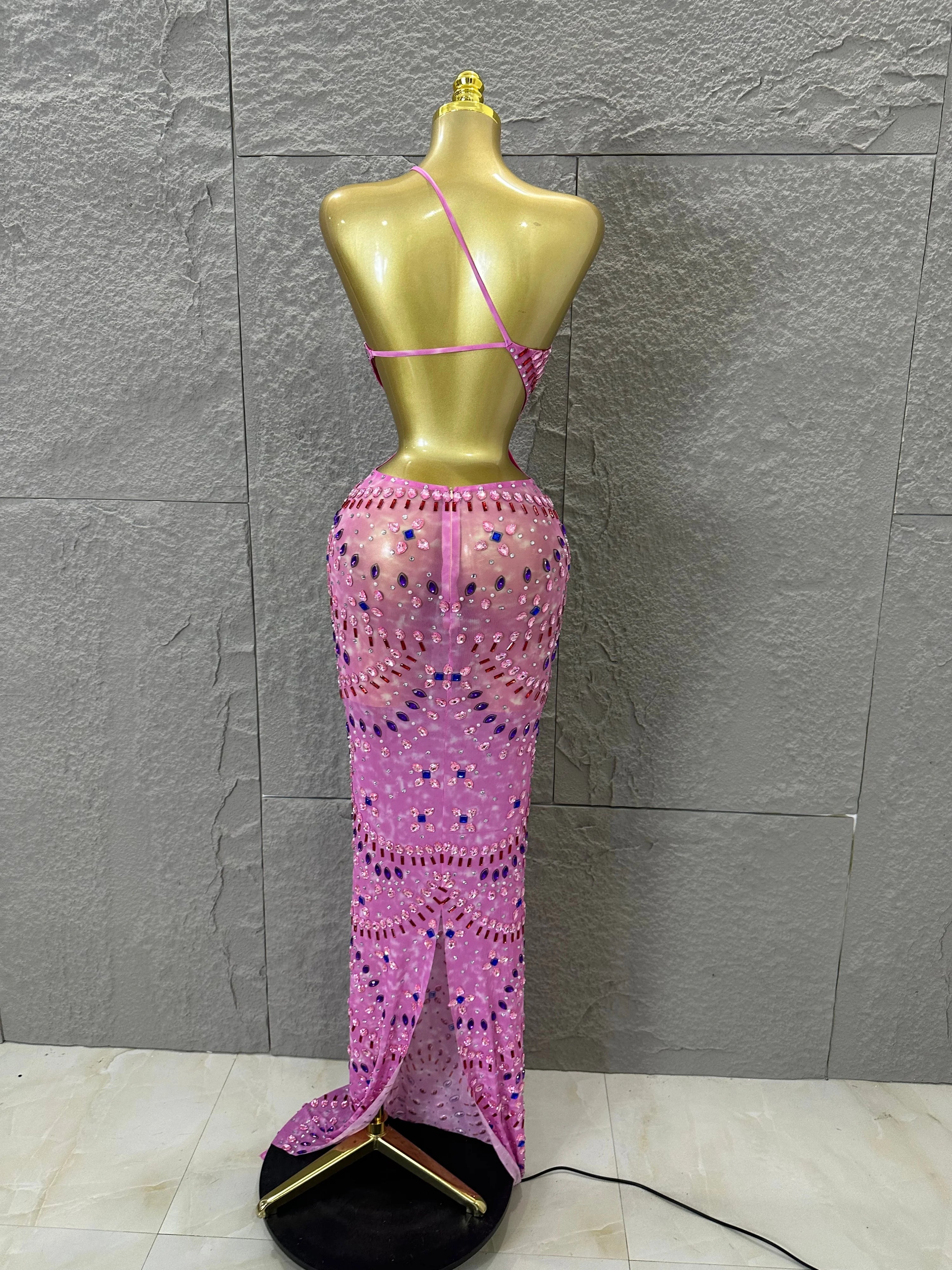 Women Sexy Cutout Full Crystal Embellished Bodycon Mermaid Outfit Sheer Mesh Maxi Dress Stage Performance Evening Party Costume