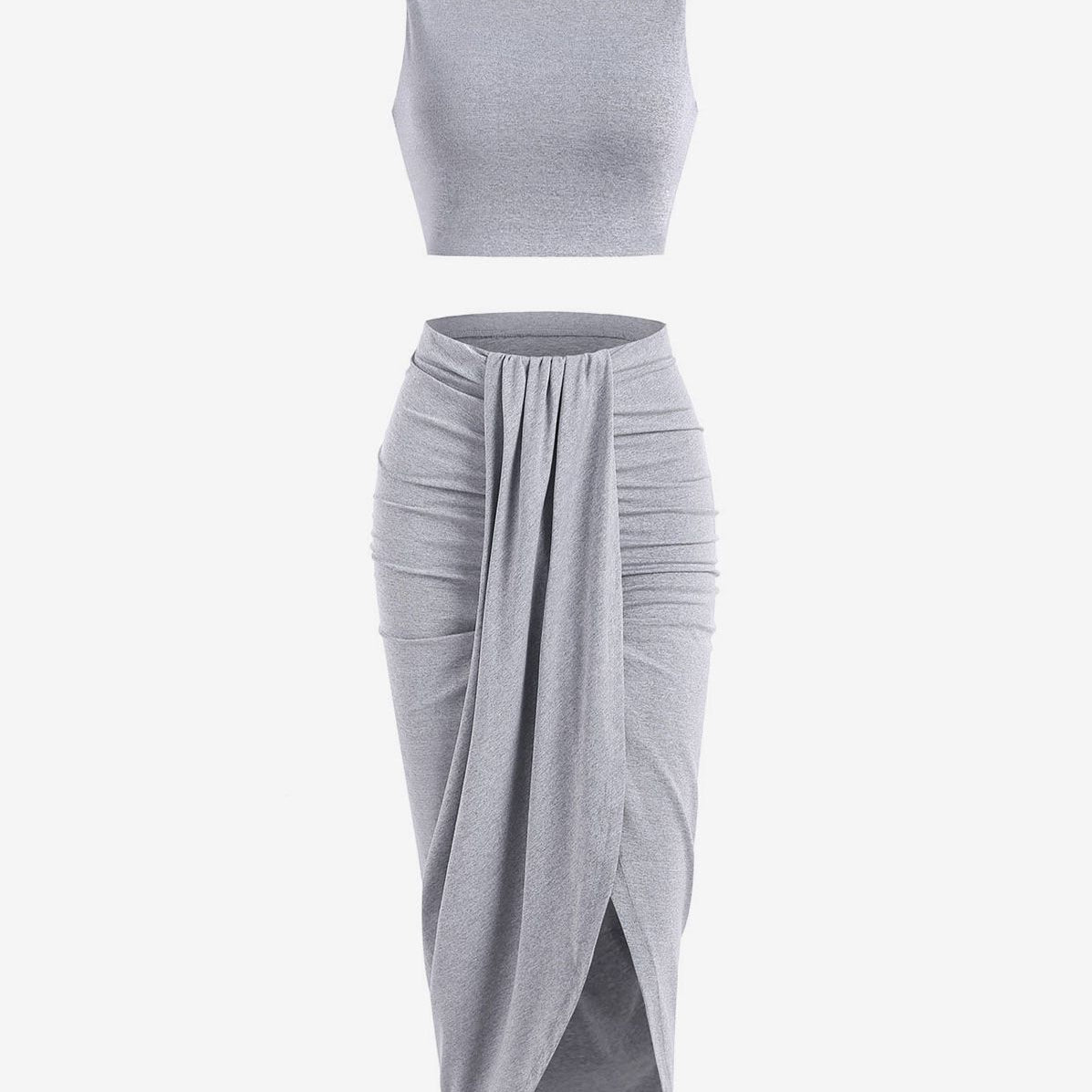 Women’s 2 Pieces Dress Set Sexy Sleeveless Crop Tank Side Slit Twist Skirt Bodycon Maxi Dresses Summer Gray