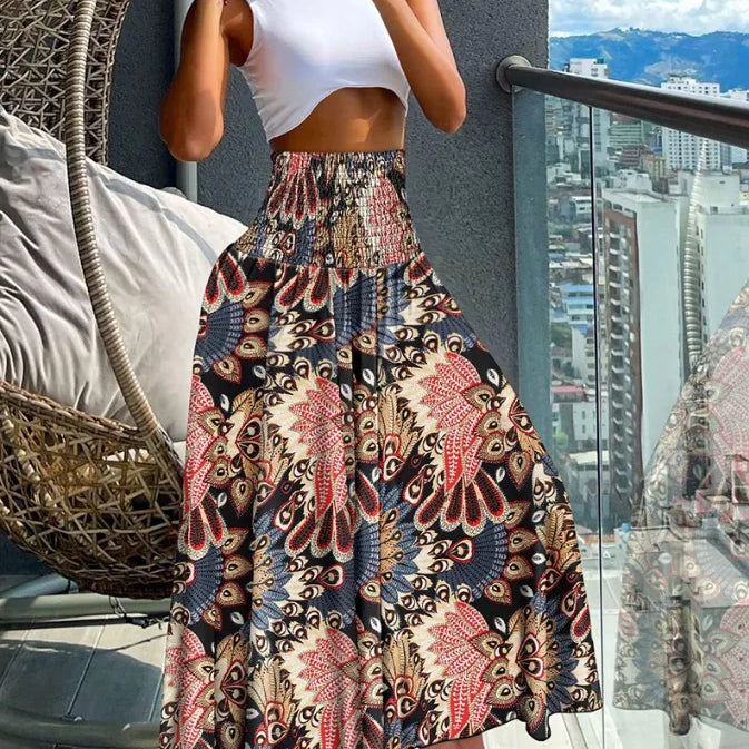 Women Fashion Bandanna Paisley Big Swing High Waist Maxi Skirt Streetwear 2024 Boho Vintage Casual Long Skirts Pink