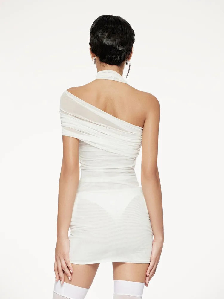 White Color Women Sexy Halter Florals Mesh See Through Bodycon Mini Dress Celebrate Fashion Nightlcub Party Outfit Wholesale