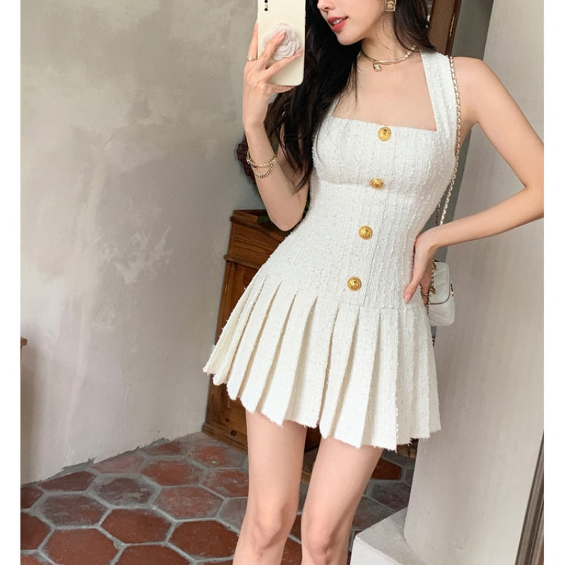 Женская Одежда 2023 Летняя Золотая Кнопка Tweed Halterneck Strap Dress Korean Style Элегантная Вечеринка Вечернее Платье Мини Платье