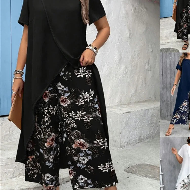 Wmstar Plus Size Two Piece Sets Women Wholesale Long Top and Print Wide Leg Summer Matching Suit Fashion Street Wear 2025 black