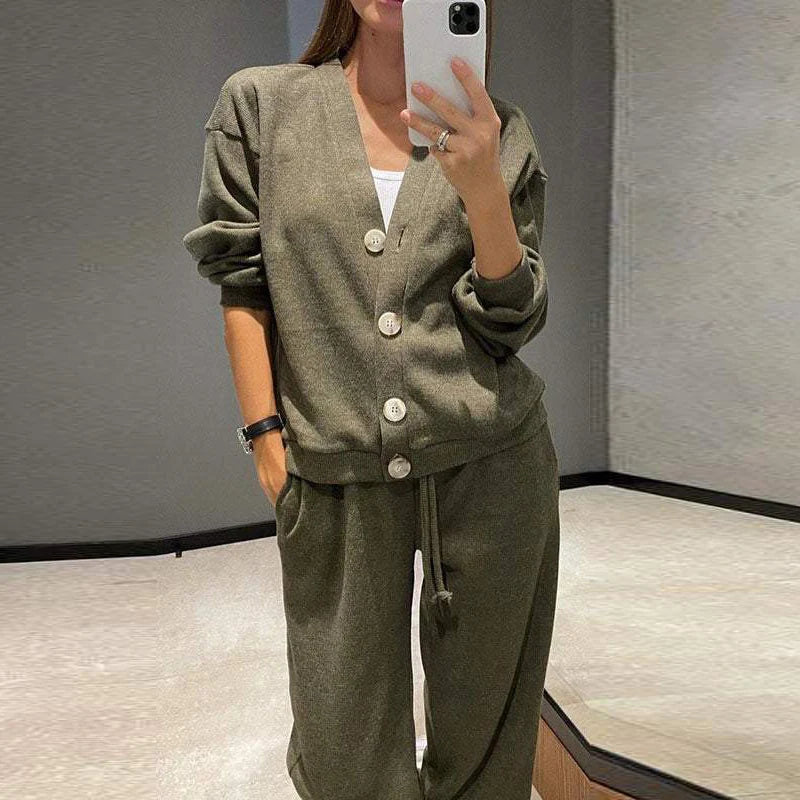Autumn Winter Women Two Piece Set Button Cardigan Coat Drawstring Plus Size Pants Suit Female Casual Daily Wear green