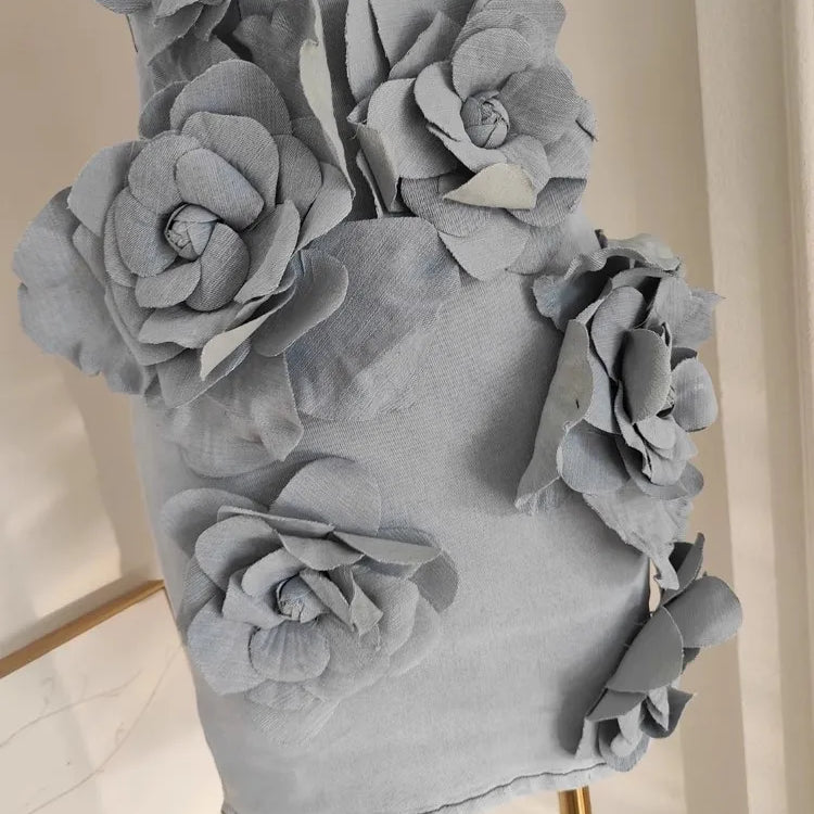 French Elegant Solid 3D Appliques Flower Patchwork Slimming Dress For Women Slash Neck Sleeveless Tunic Vestidos Female Clothing