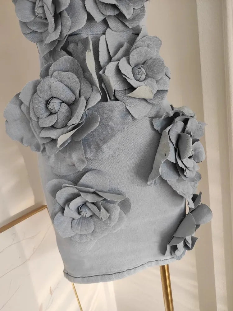 French Elegant Solid 3D Appliques Flower Patchwork Slimming Dress For Women Slash Neck Sleeveless Tunic Vestidos Female Clothing