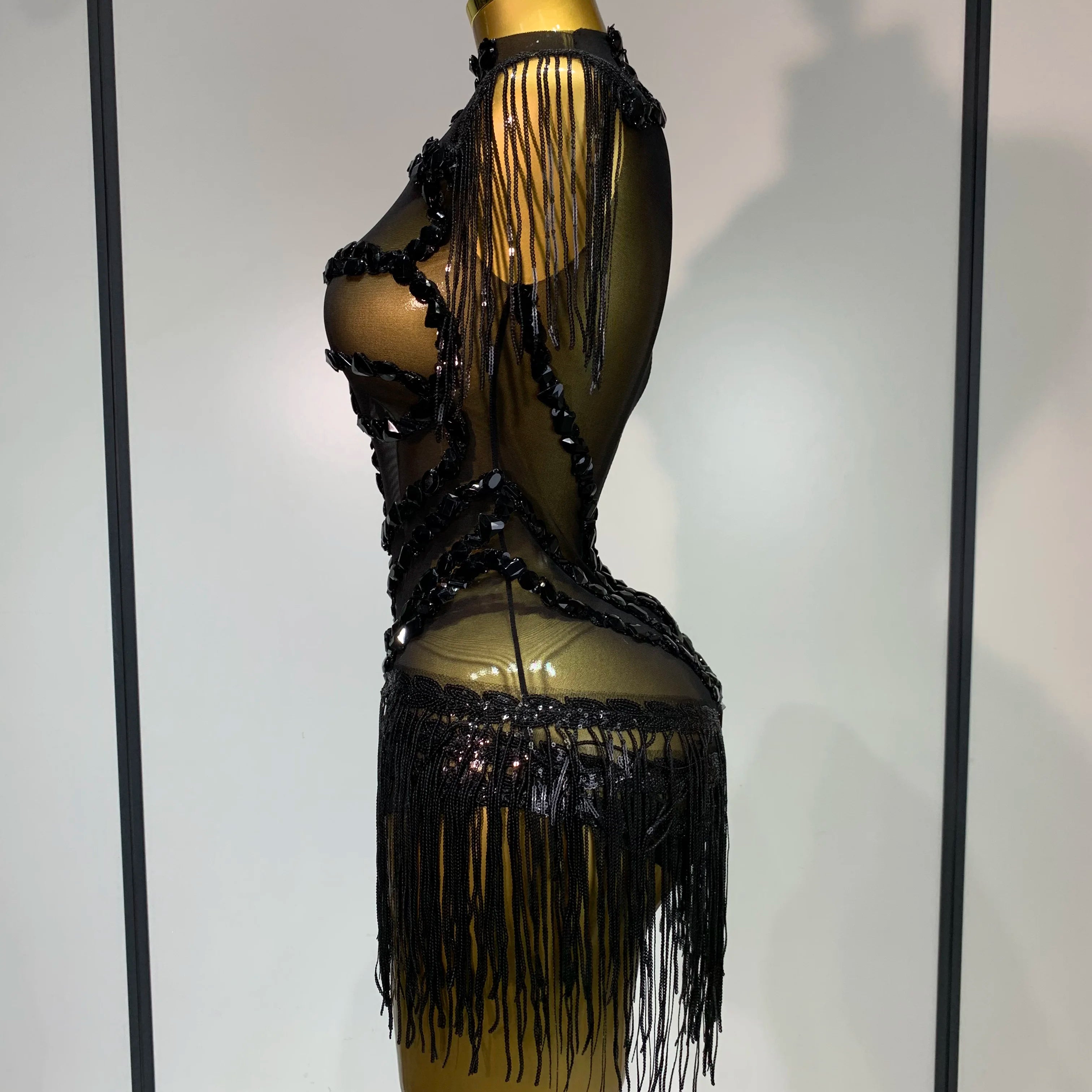 Sexy Mesh SeeThrough Black Rhinestone Bodysuit Singer Dancer Show Stage Outfit Celebrate Birthday party Club Performance Waer