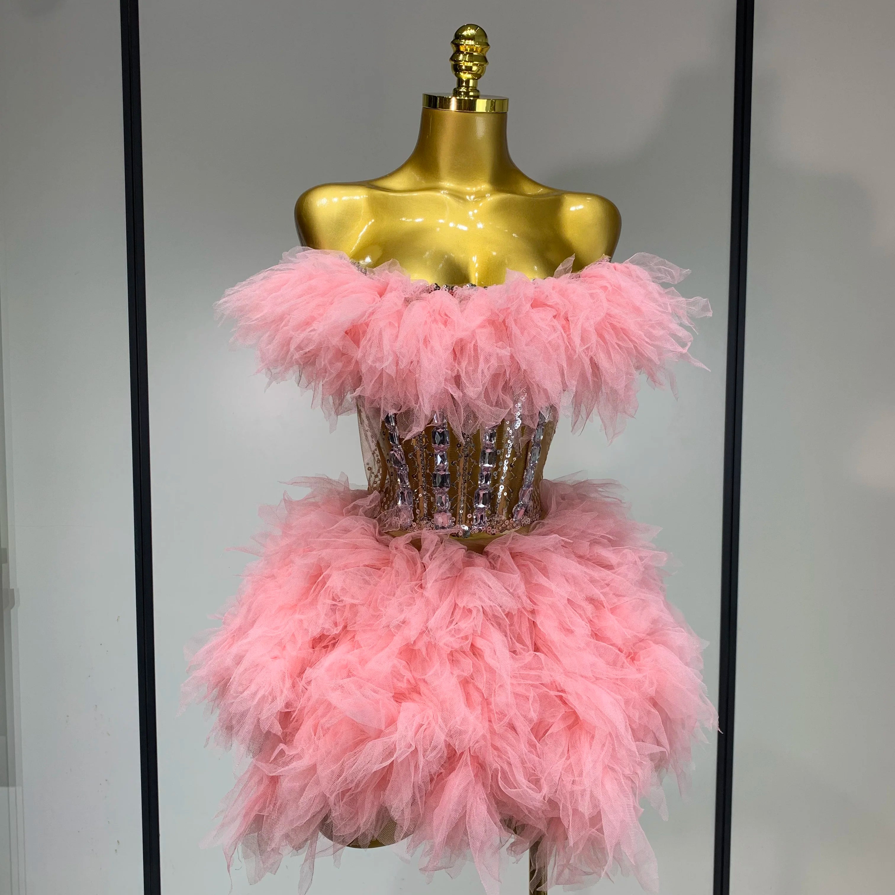 Women Sexy Strapless Mesh Two Pieces Set Celebrity Nightlcub Party Photo Shoot Outfit 2025 Prom Gown Luxury Birthday Dresses Pink