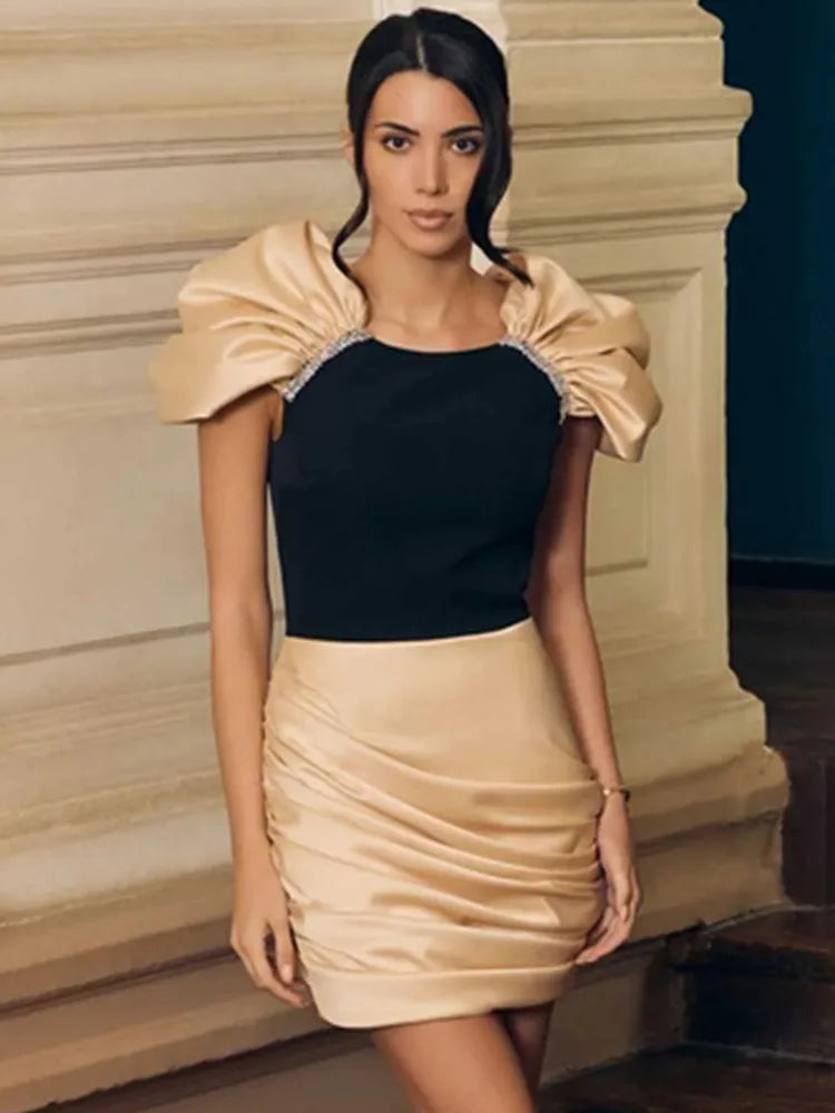 Women Summer Celebrity Sexy Diamonds Patchwork Ruched Mini Gowns Dress 2025 Elegant Evening Party Club Vestido black