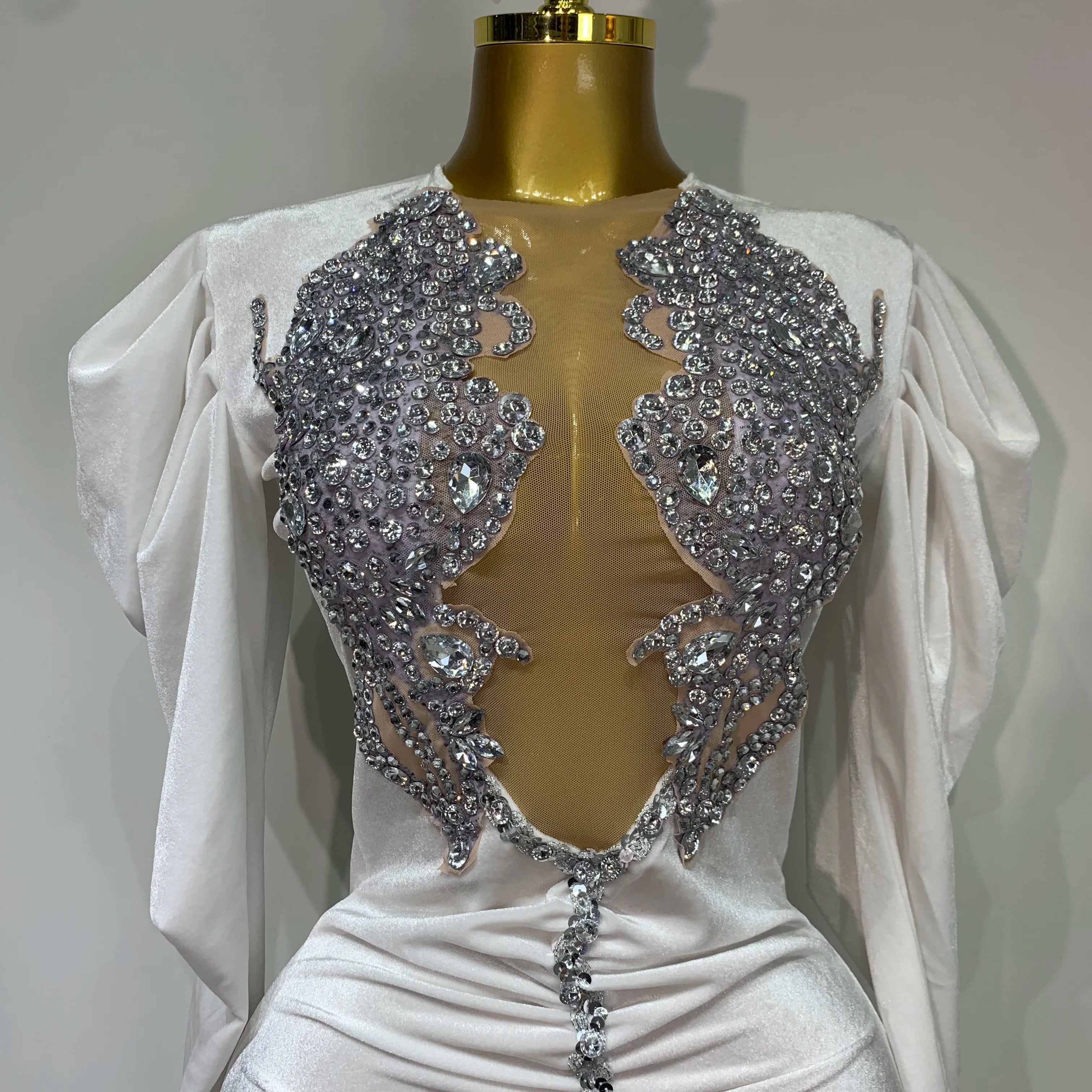 Sparkly Crystals Sexy Mesh Velvet Mini Dress 2025 Women White Elegant Evening Party Luxury Birthday Nightclub Stage Costume