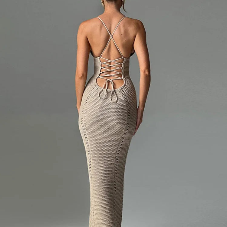 Hollow Out Backless Knit Dress For Women Spaghetti Strap Bandage Sleeveless Bodycon Club Party Sexy Long Dress Elegant