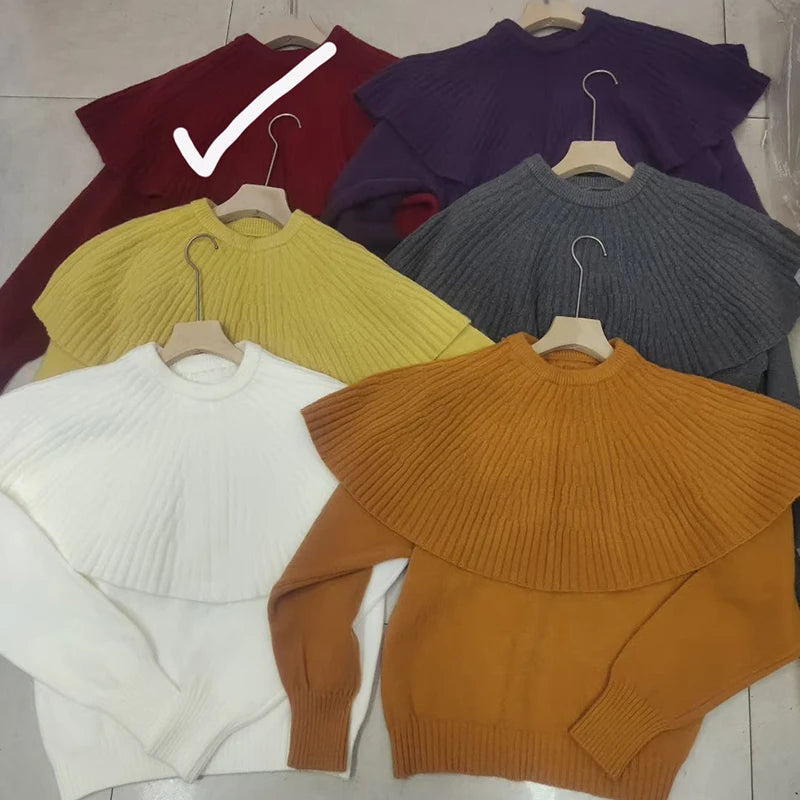 Autumn Winter New Design Fake Two-Piece Shawl Long Sleeve Pullover Sweater For Women Knitted Top Female Trend 11A07562 Red One Size