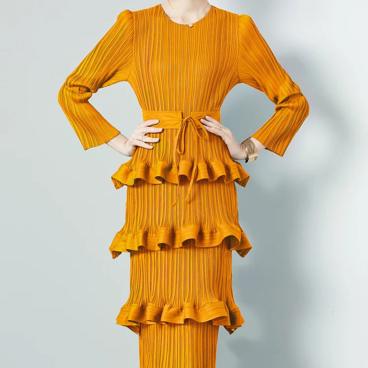 Miyake Multi-layer Cascading Pleated Dress Women O Neck Long Sleeve Solid Color Ruffles Cake Belt Dress Female Party Clothing yellow One Size