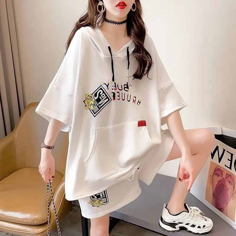Women's Casual Suit 2025 Summer New Large Cotton Hooded Short-Sleeved Tops And Shorts Two Piece Set Household Plus Size Clothing white