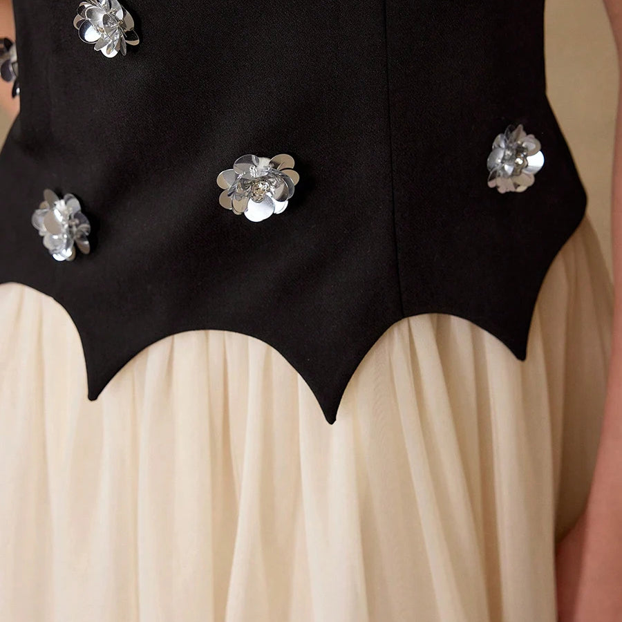 Hit Color Spliced Appliques Elegant Dresses for Women Round Neck Sleeveless Patchwork Mesh Dress Female Fashion New