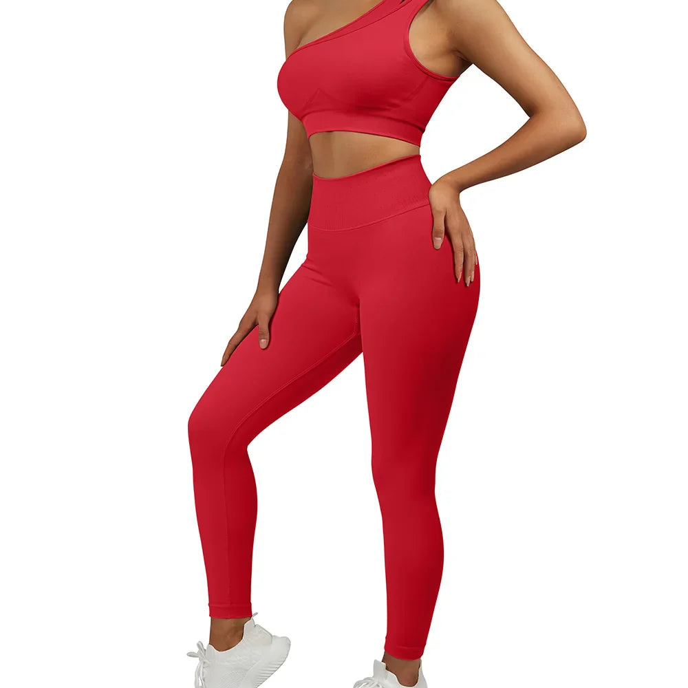 2 Pcs Yoga Set Women Seamless Gym Sportswear Outfits Workout Fitness Gym Clothing One Shoulder Sports Suit for Fitness Women SS321RE L
