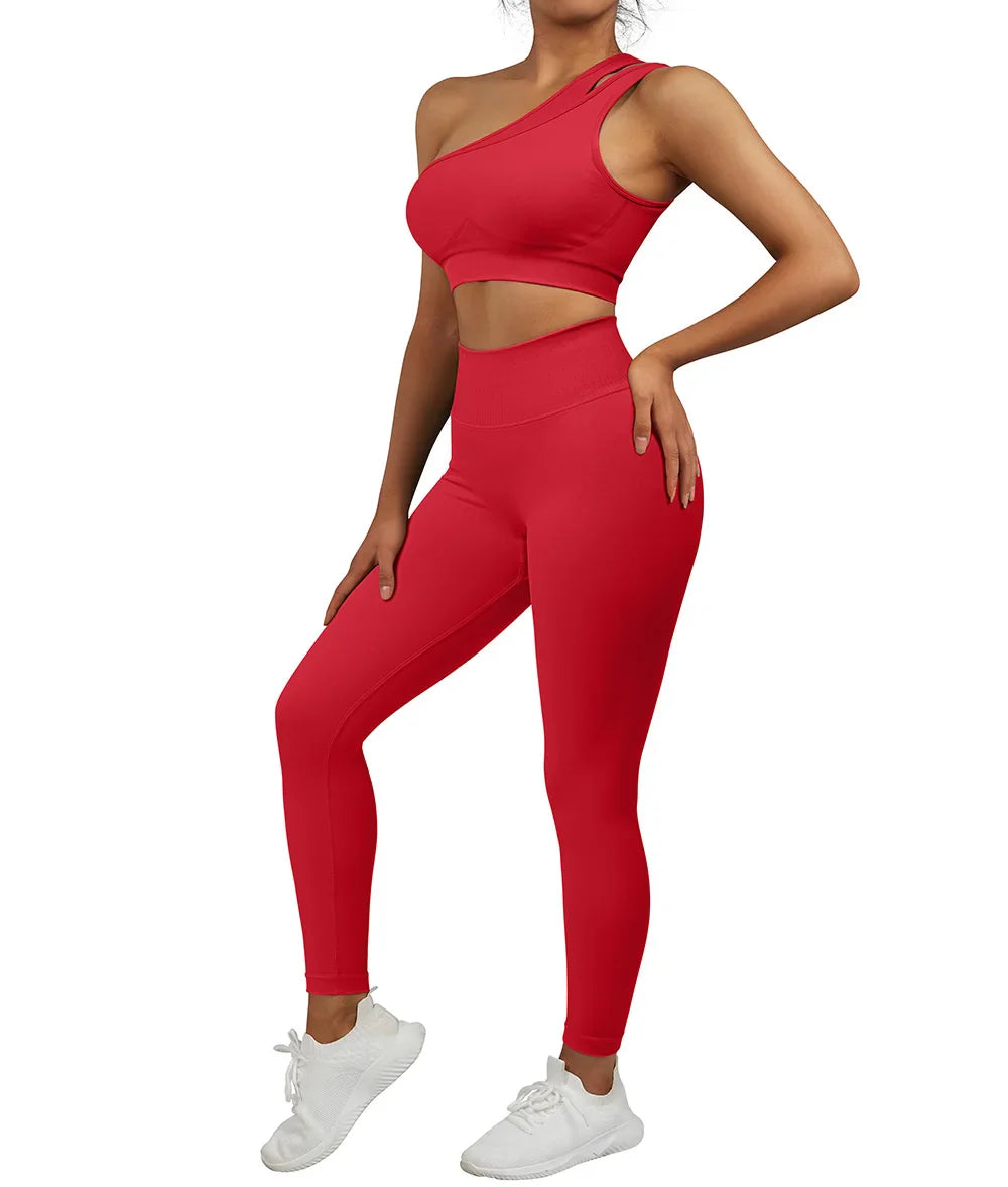 2 Pcs Yoga Set Women Seamless Gym Sportswear Outfits Workout Fitness Gym Clothing One Shoulder Sports Suit for Fitness Women SS321RE L