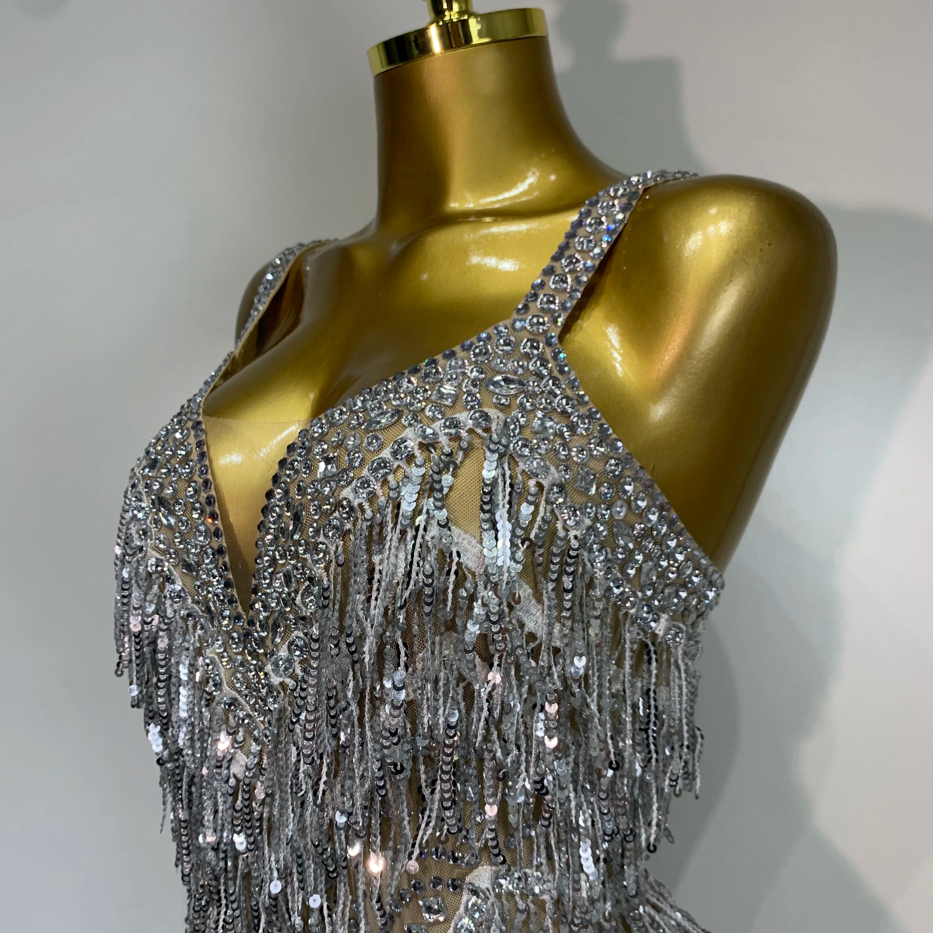 Sparkly Rhinestone Tassel Sexy Backless Mesh Bodysuit Women Luxury Birthday Party Nightclub Bar Dencer Stage performance Costume