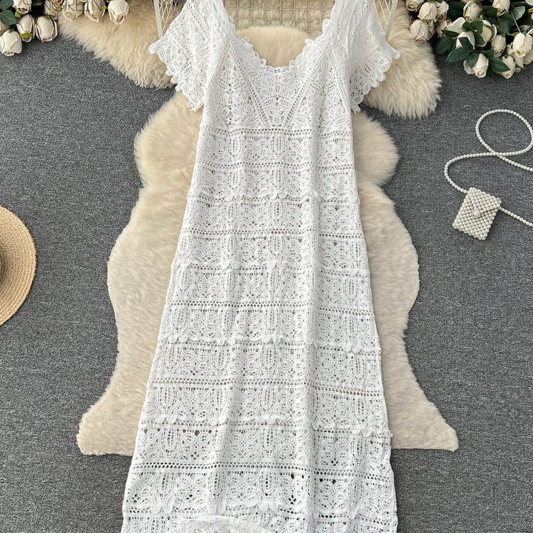 SINGREINY Loose Knit Long Dress Women V Neck Solid Hollow Out Design Retro Fashion 2024 Ladies Y2K Casual Summer Beach Dresses white One Size