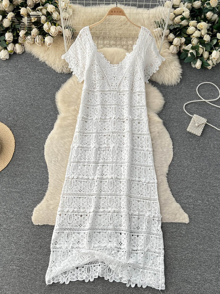SINGREINY Loose Knit Long Dress Women V Neck Solid Hollow Out Design Retro Fashion 2024 Ladies Y2K Casual Summer Beach Dresses white One Size