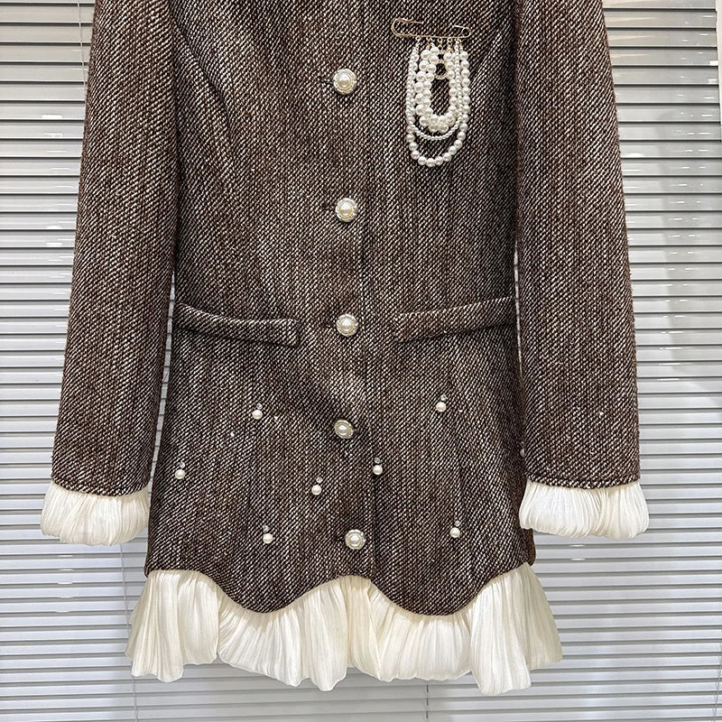 Winter New Fashion Temperament Style Chiffon Edge Bead Chain Brooch Cotton Inner Dress For Women Long Coat 11A07867