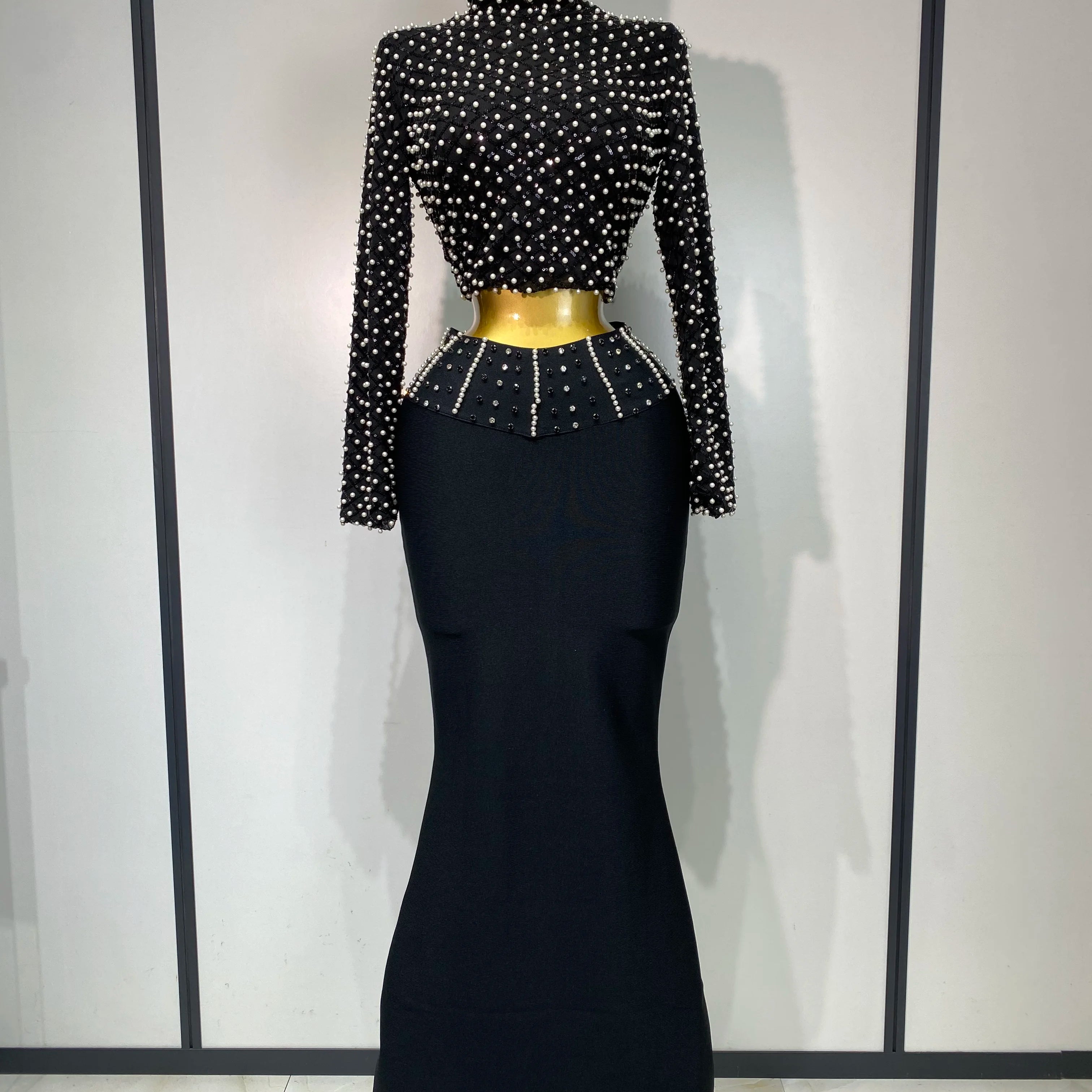 Women Long Sleeve Black Mesh Studded Dianonds Crystal Pearl Two Pieces Bandage Set Celebrity Sexy Evening Party Birthday Gown black