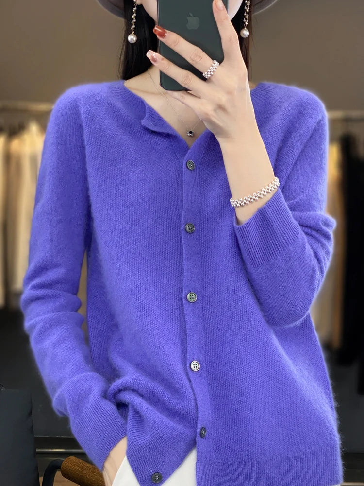 Aliselect Autumn Winter Women 100% Merino Wool Sweater O-Neck Tops Long Sleeve Basic Cashmere Knitwear Cardigan Clothing Coat Hua Blue