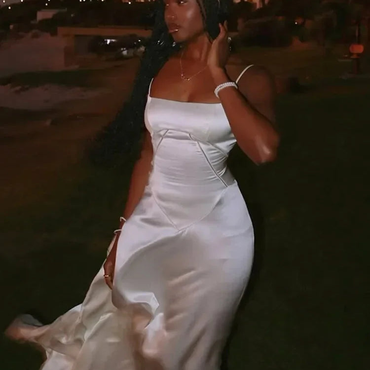 Elegant Solid Satin Ruffles Sling Long Dress Lady Sexy Square Collar Backless Sleeveless Lace Up Robes Chic Women Party Dresses