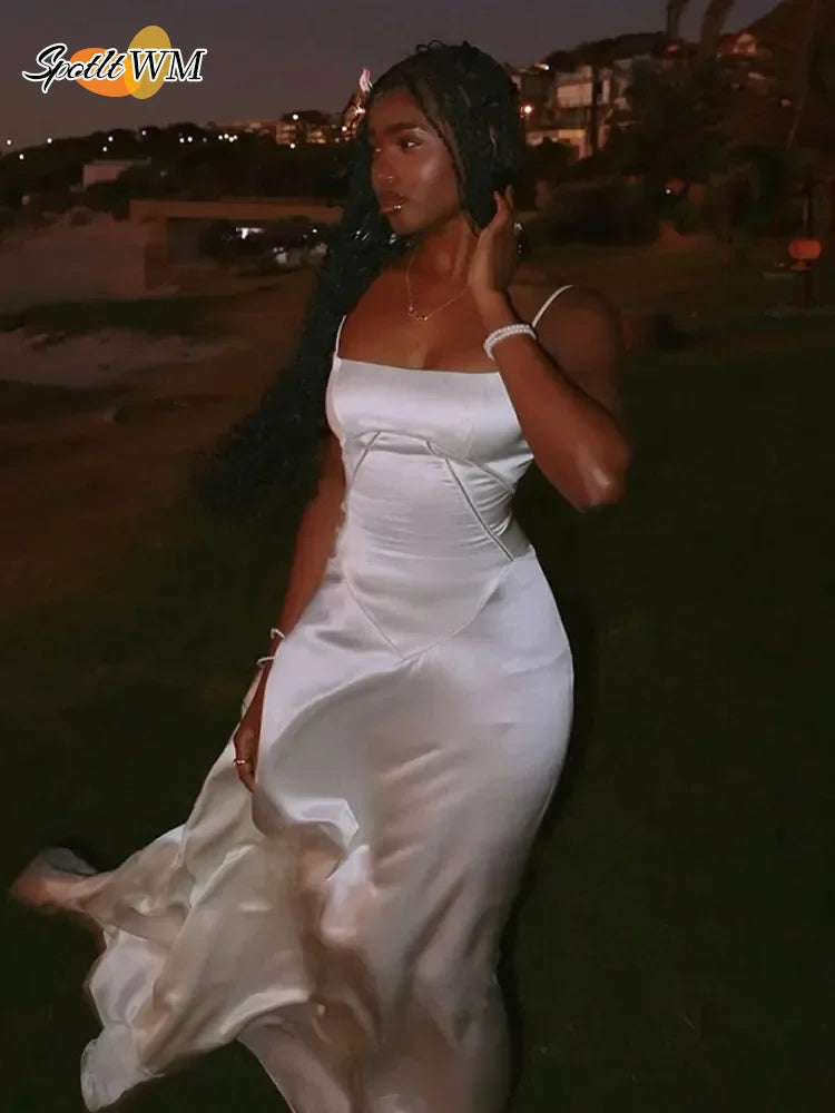 Elegant Solid Satin Ruffles Sling Long Dress Lady Sexy Square Collar Backless Sleeveless Lace Up Robes Chic Women Party Dresses