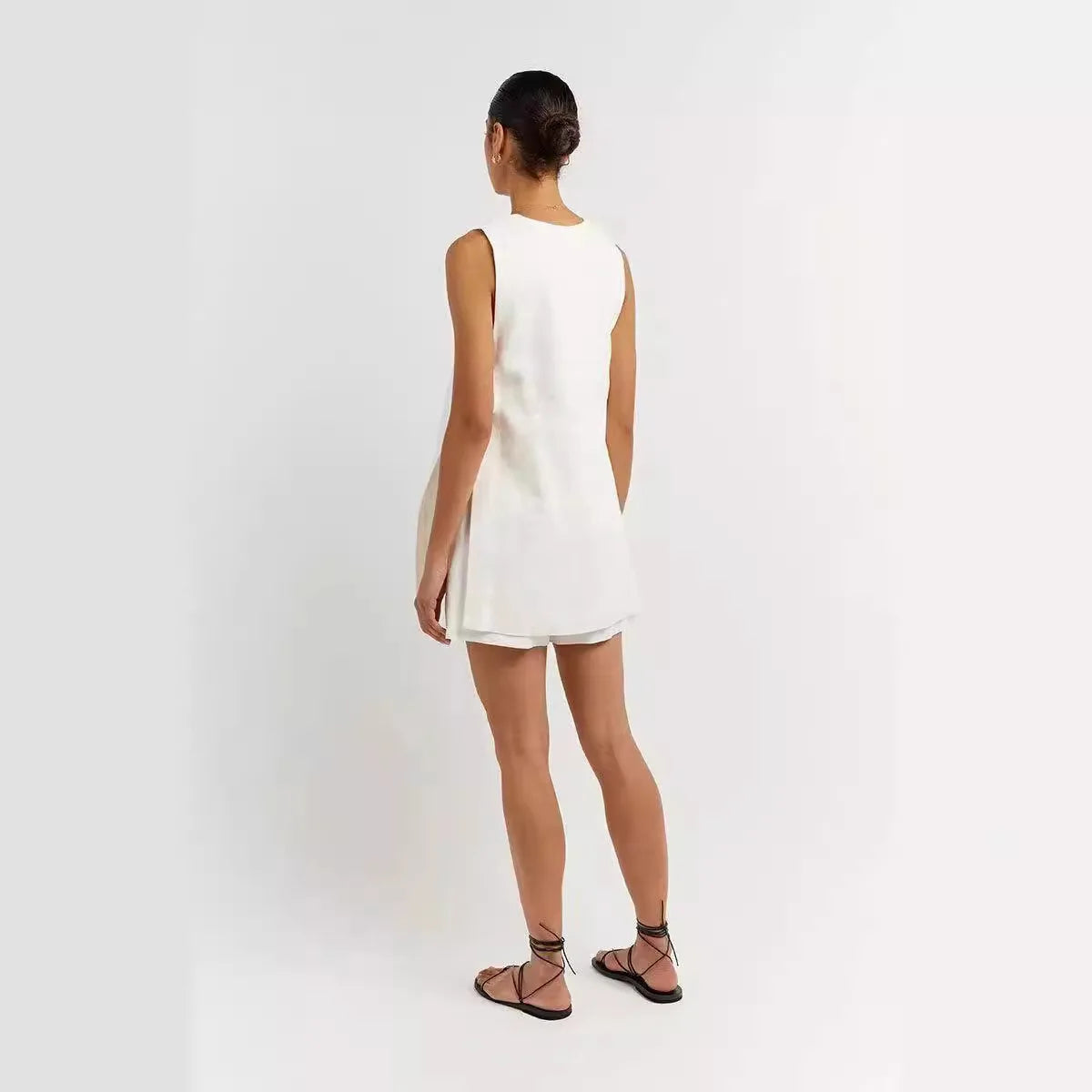 New 100% Cotton Women Suits 2 Pieces Sets V Neck Sleeveless Buttons Vest Blazer+High Waist Shorts Lady Office Tracksuit