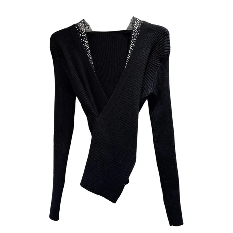 Winter New Fashion Deep V-Neck Rhinestone Mesh Edge Waist-Cinching Knitted Sweater For Women Slim Fit Tops 11A07808
