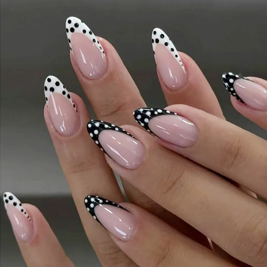 24Pcs Black White French Nails Set Press on Simple Polka Dot Full Cover Fake Nails Tips Mid-length Almond Detachable False Nails C1219