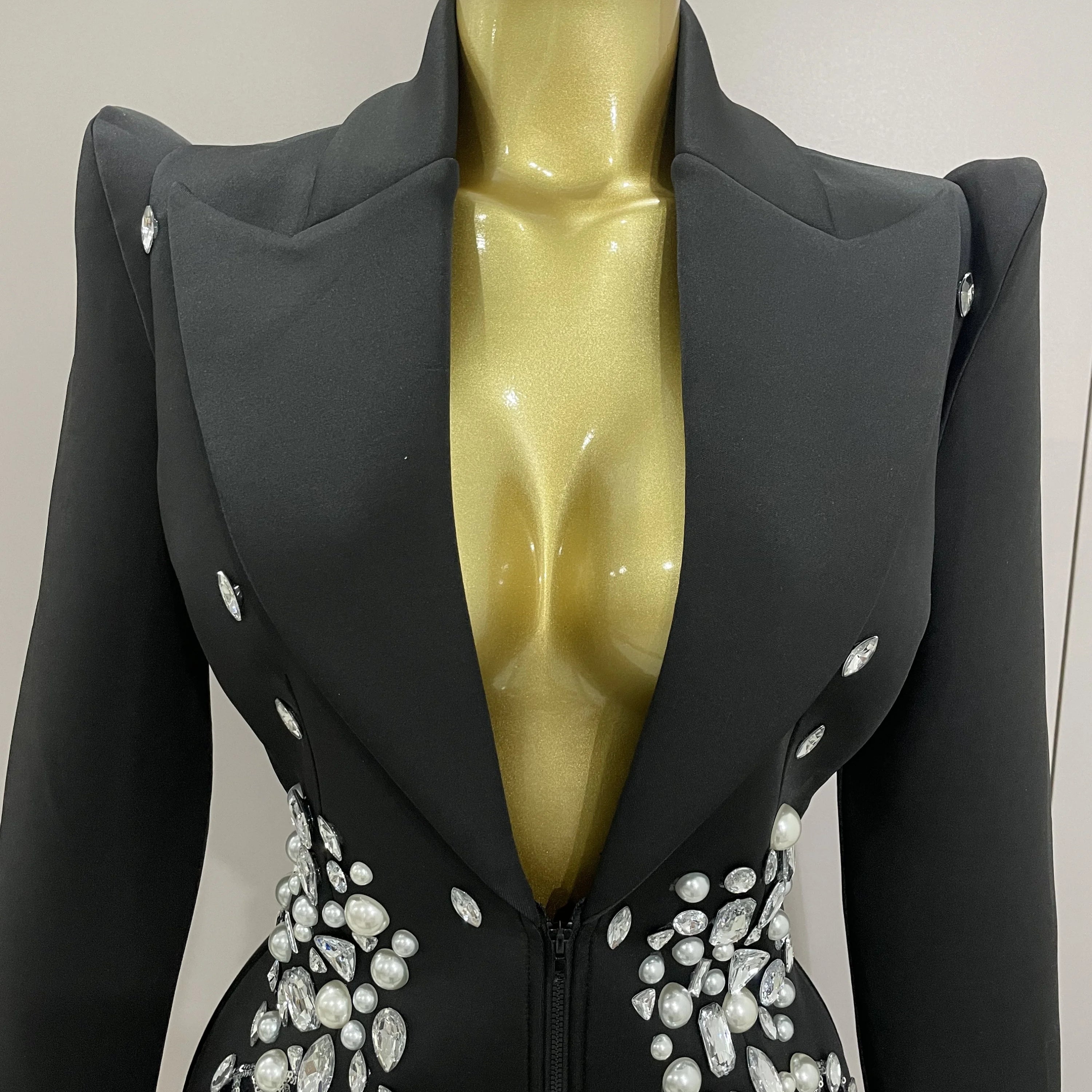 2025 Sparkly Crystal Chains Pearls Long Sleeve Mini Dress Women Birthday Evening Party Nightclub Outfit Singer Wedding Costume