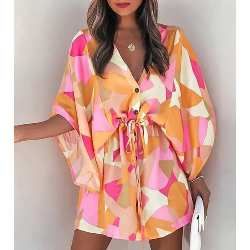 Summer Boho Mini Dress - Flora Print Batwing Sleeve Lace-Up V Neck Loose Button Dresses Ladies Beach Party Dress Vestido style8