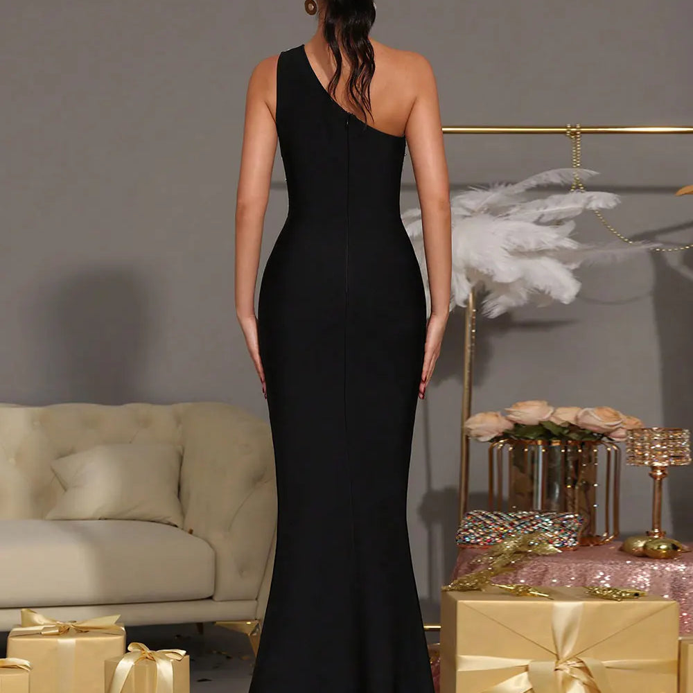 2025 Elegant Women Nail Bead Design Bandage Dress One Shoulder Sleeveless Bodycon Long Dress Cocktail Evening Club Party Vestido