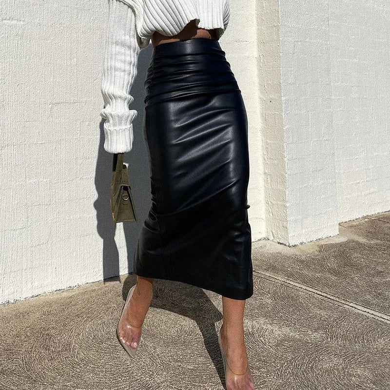 Elegant Skirt Office Lady Fashion Ruched PU Leather Midi Skirts Women Slim High Waist Black Skirts Spring Autumn Bottom 2023 New Black