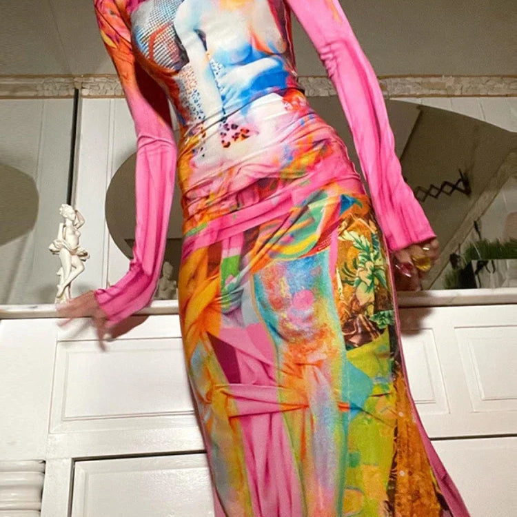 Sunny Multi Color Patchwork Print Long Sleeve Standing Neck Bodycon Dresses Lady Luxury Elegant Carnival Party Club Sexy Dress