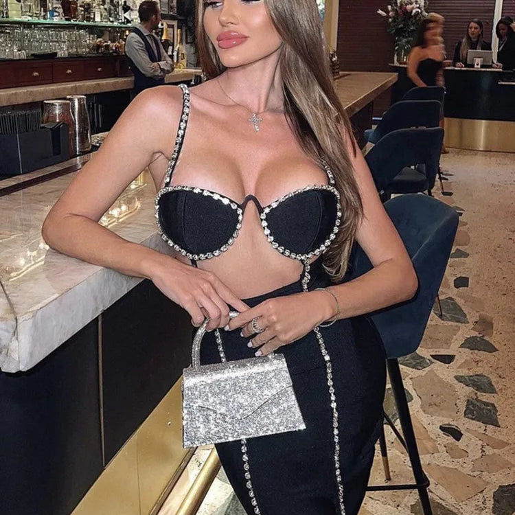 Women Summer Style Sexy V Neck Cut Out Diamonds Crystal Black Mini Bodycon Bandage Dress Elegant Evening Party Dress