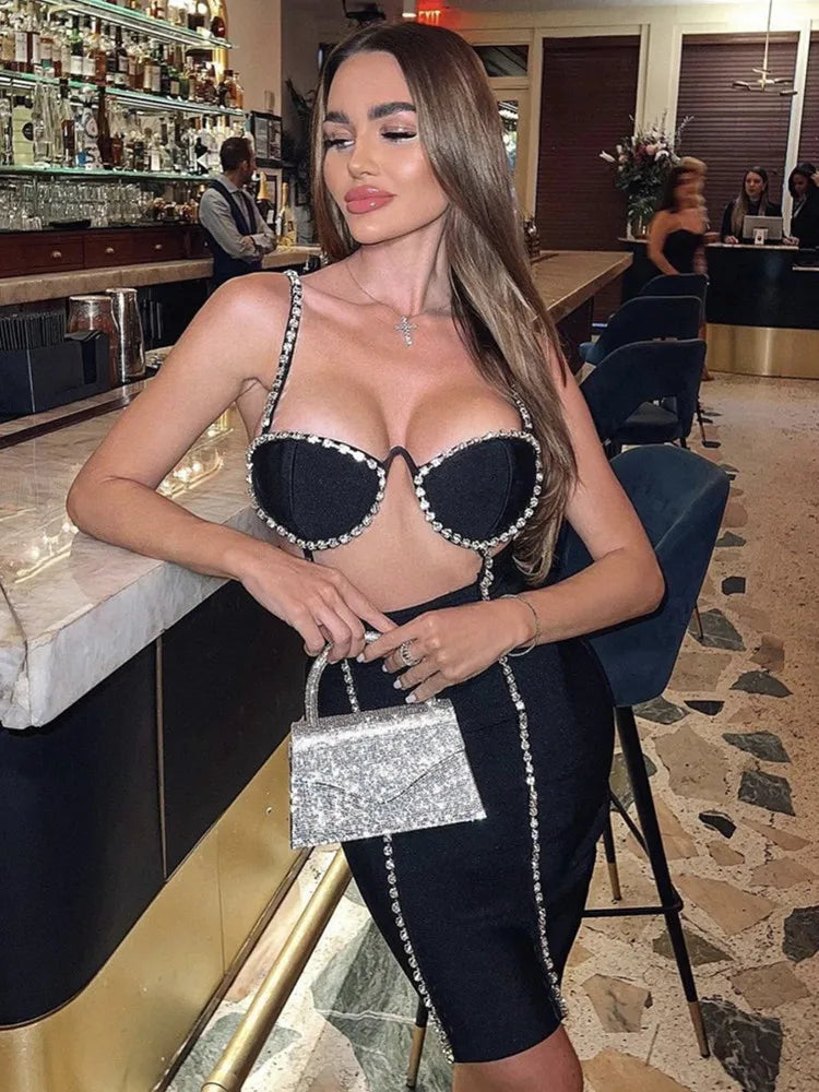 Women Summer Style Sexy V Neck Cut Out Diamonds Crystal Black Mini Bodycon Bandage Dress Elegant Evening Party Dress