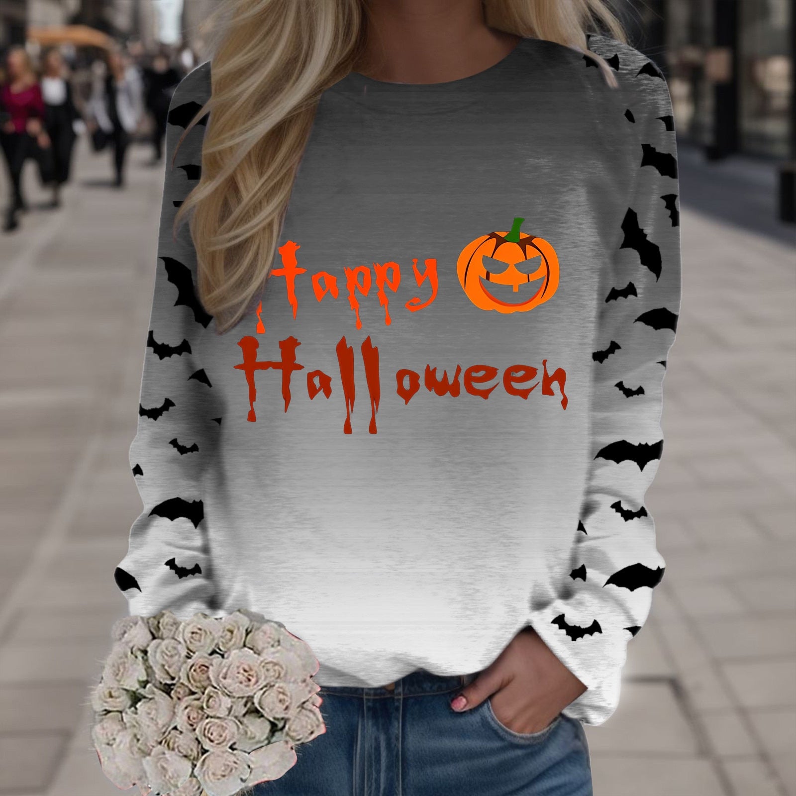Women Autumn Sweatshirt Halloween Print Pullover Crew Neck Long Sleeve Top Ladies Fashion Sweaters Grey